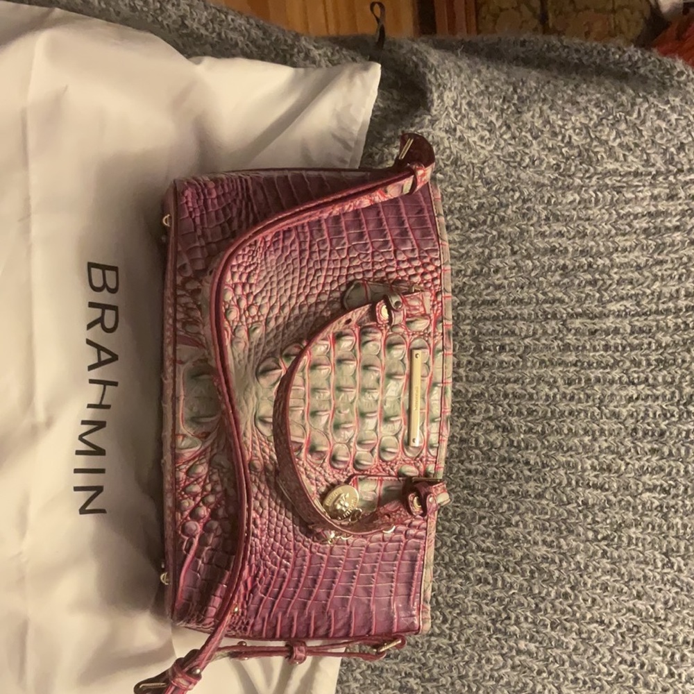 Brahmin purse new, authentic leather, deep rose pink green cream